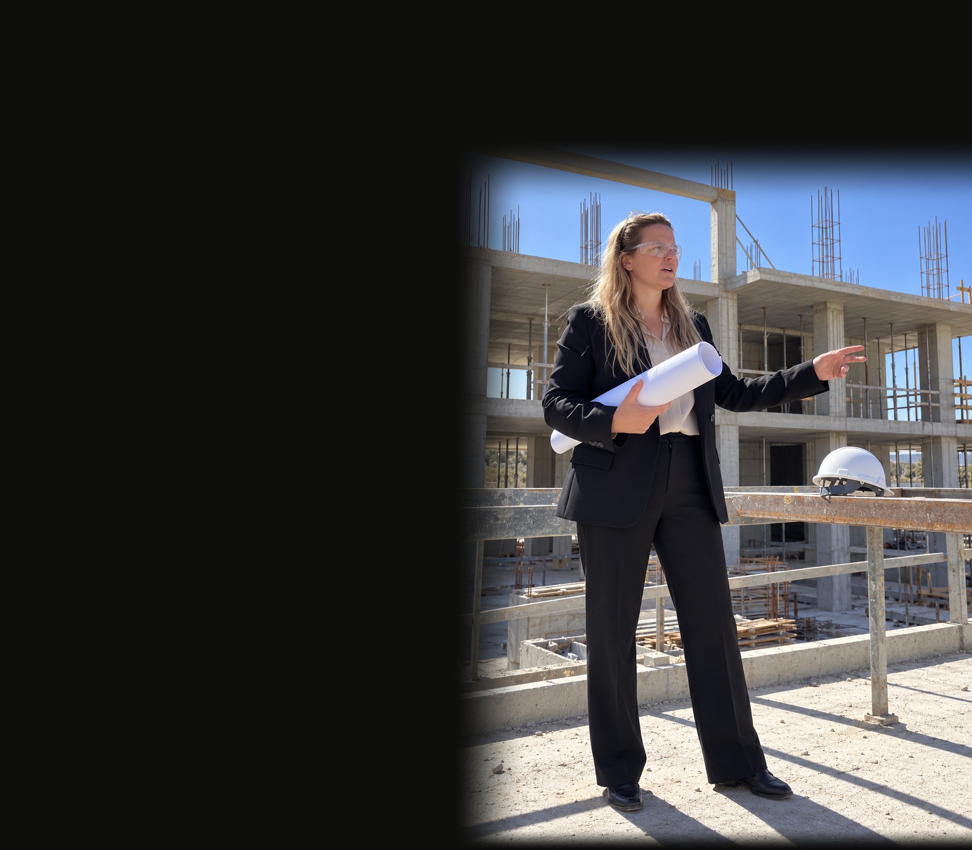 Arantxa Asenjo, arquitecta técnica, en una obra en Ibiza con los planos en la mano y el casco sobre la barandilla
