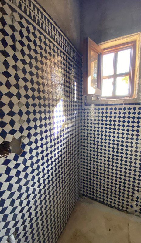 Baño revestido con azulejo artesanal