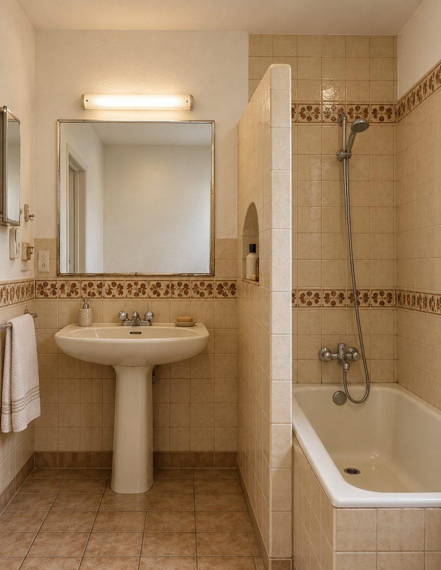 Salle de bain avant rénovation, carrelage beige des années quatre-vingt et baignoire