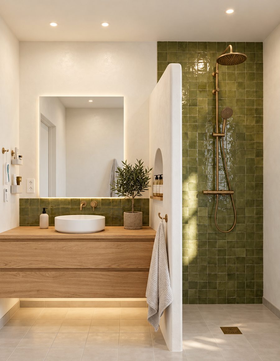 La même salle de bain rénovée, carrelage vert olive, douche à l'italienne et meuble en bois