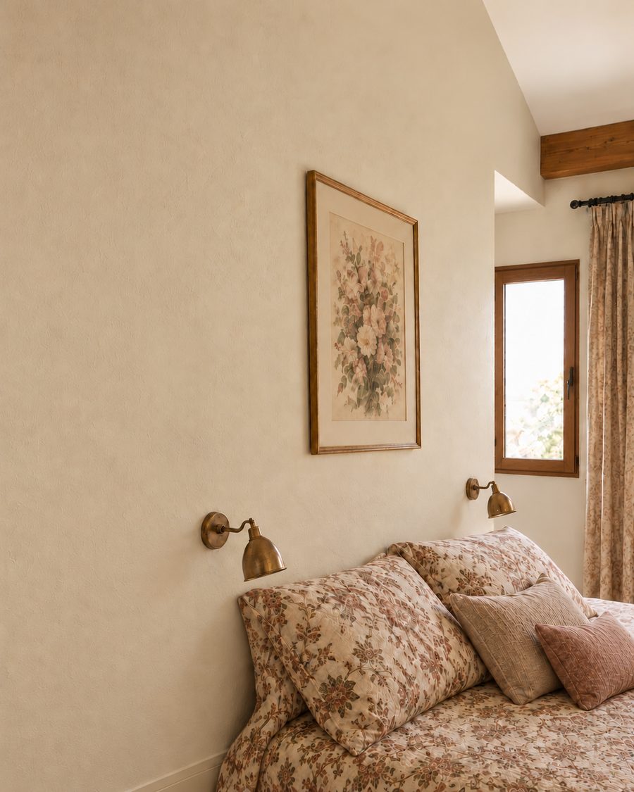 Chambre avant rénovation, murs beiges et menuiseries en bois vernis