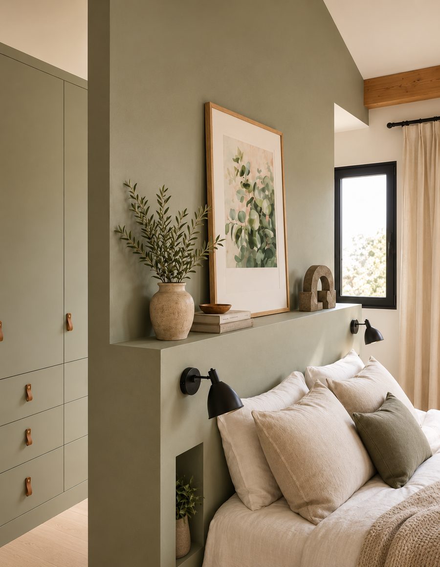 La même chambre rénovée, tête de lit maçonnée, dressing sur mesure et menuiseries neuves